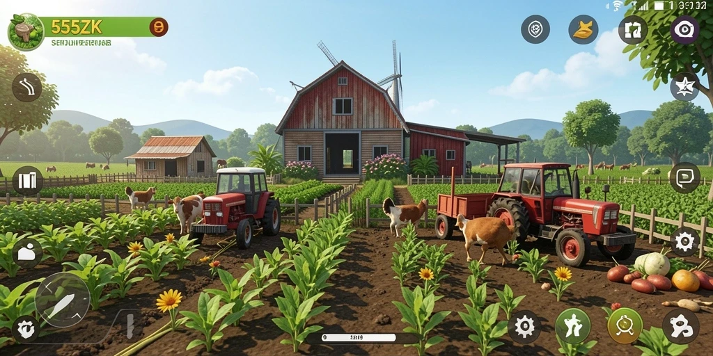 Tampilan gameplay 555ZK saat bertani dengan berbagai tanaman.
