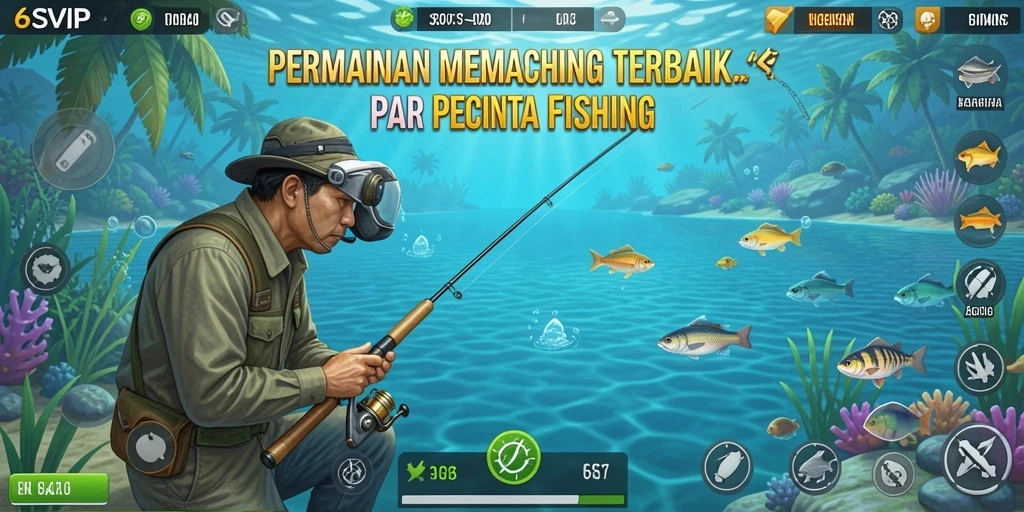 Screenshot utama 6SVIP menampilkan aksi memancing yang seru di lautan.
