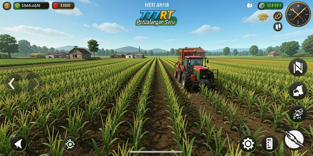 Tampilan gameplay <strong>777RT</strong> yang menarik dengan ladang subur dan alat pertanian.