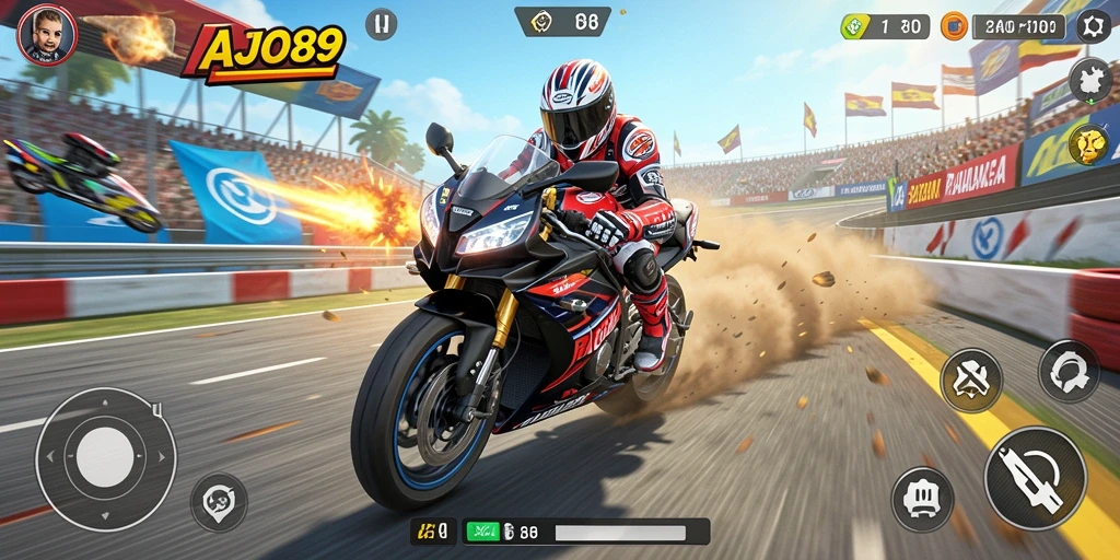 Screenshot AJO89 menampilkan aksi balapan motor yang seru.
