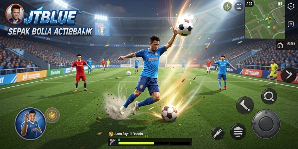 Screenshot utama JTBLUE menunjukkan aksi mendebarkan di lapangan sepak bola.