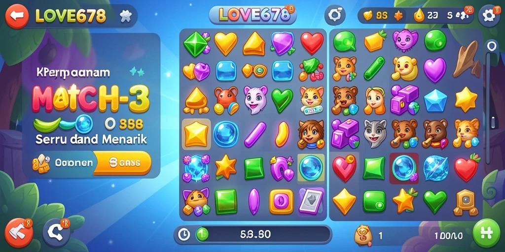 Gameplay seru LOVE678 dengan kombinasi item Match-3 yang dinamis.