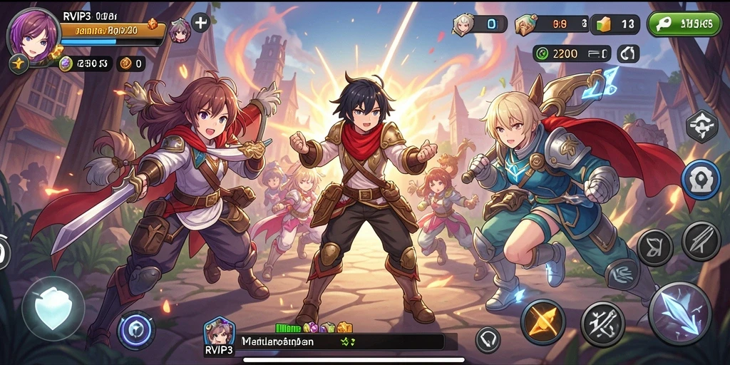 Screenshot utama RVIP3 menampilkan aksi seru dengan karakter ikonik anime.
