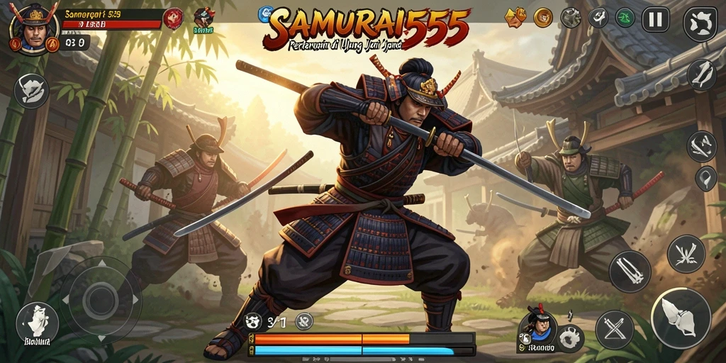 Gameplay seru di SAMURAI555 dengan pertarungan samurai yang intens.