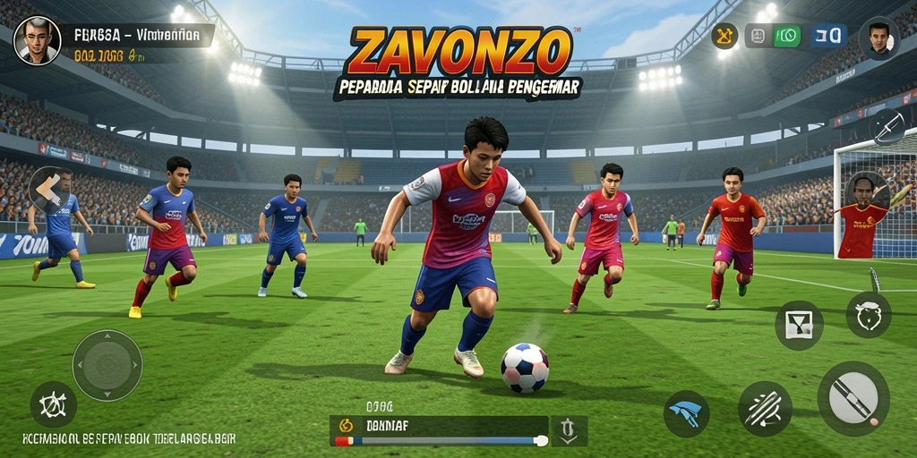 Tangkapan layar utama ZAVONZO menampilkan aksi mendebarkan di lapangan sepak bola.